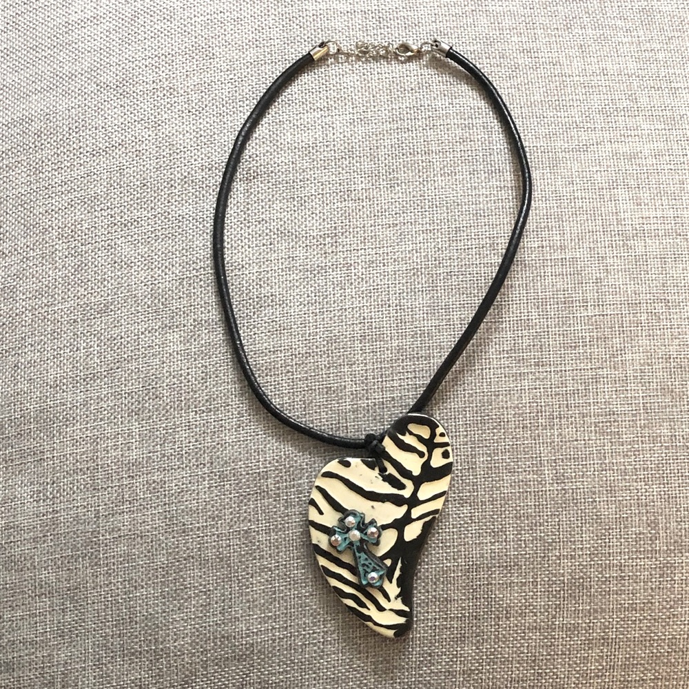 Heart and Cross Faux Leather Zebra Necklace